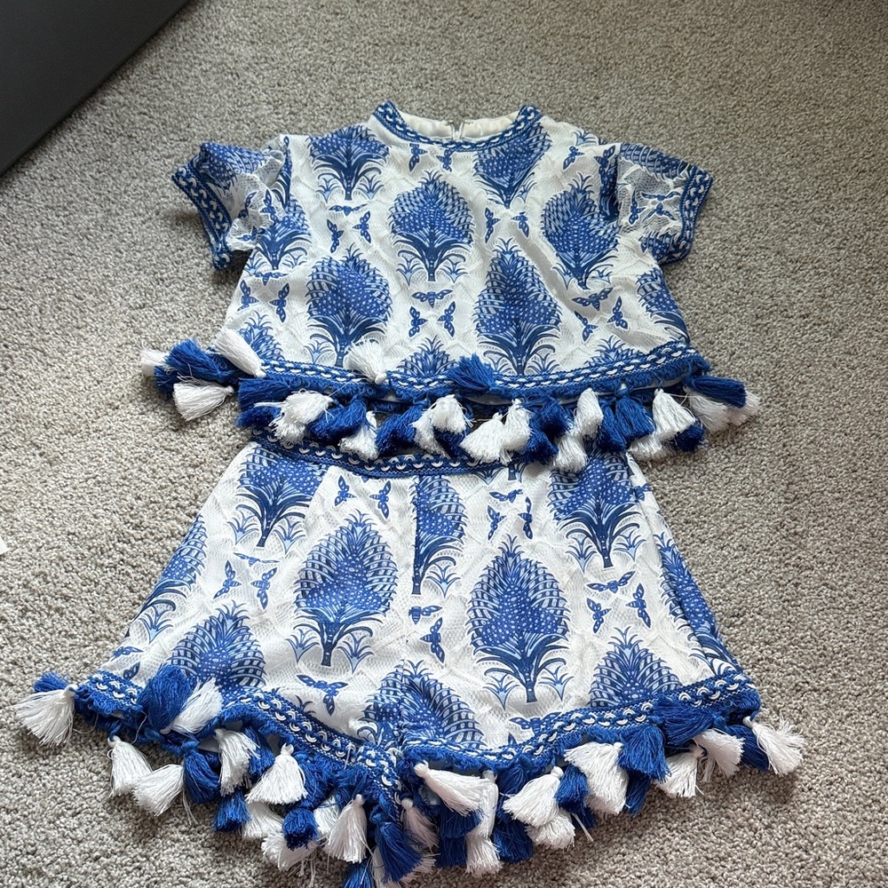 Blue and White Tassel Trim Two-Piece Set